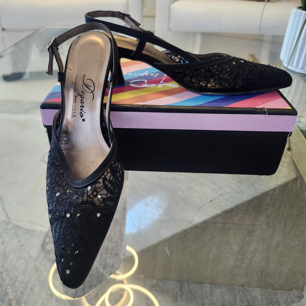 Vintage Black Lace Heels By Dezario With Faux Diamond Accent, Size 7